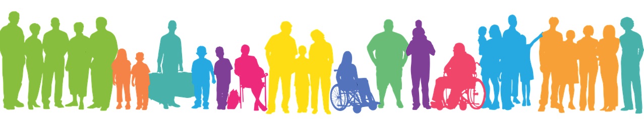a horizontal line of coloured silhouette people, adults, older adults, children, and two in wheelchairs